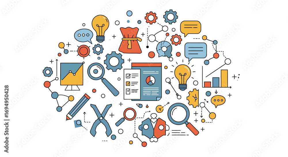 Poster flat style business and technology icon set with gear and lightbulb elements