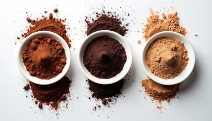 Obraz premium Three bowls display cocoa, cacao, carob powders in varying shades of brown. Ingredients essential for baking desserts, chocolates, confectionery. Minimalist top-down view on white background