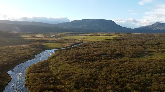 Aerial View Following River Br&uacute;arfoss Waterfall Iceland