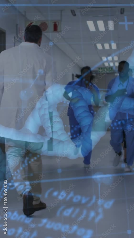Poster animation of data processing and dna strand over diverse surgeons running in hospital