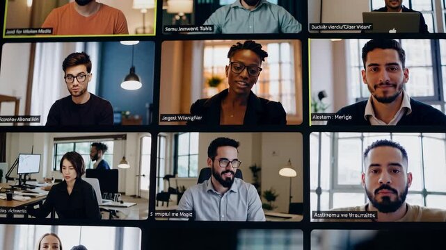A video conference with participants in various settings is displayed on a computer screen. Each participant is in a different environment, visible through a video feed.