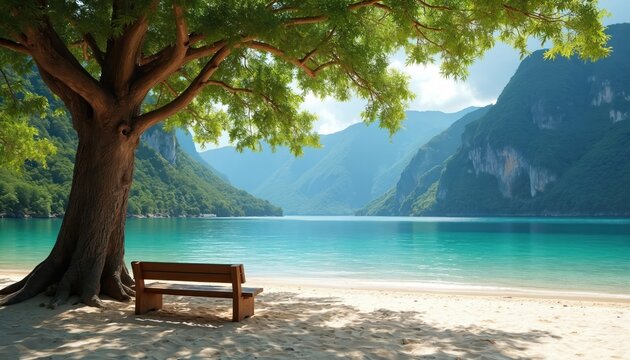 Tranquil beach scene with wooden bench under shady tree overlooking turquoise water and green mountains. Sunny sky, white clouds, gentle waves create peaceful summer vacation atmosphere.