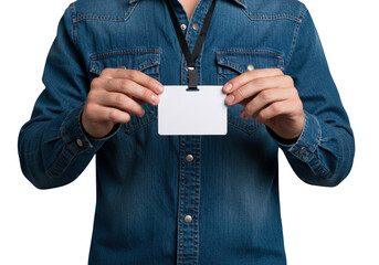 Person in denim shirt holding a blank white identification card with lanyard isolated on transparent background