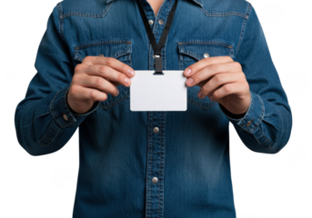 Person in denim shirt holding a blank white identification card with lanyard isolated on transparent background