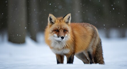 Obraz premium A red fox standing in the snow during a snowfall in a forest with trees in the background scene view