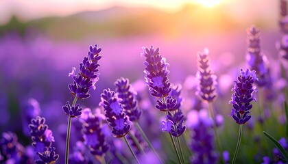 Naklejka premium Lavender Field at Sunset, Aromatic Blossoms Glowing in Golden Light, Serene Lavender Field at Dusk, Floral Aroma and Dreamy Sunset Over the Landscape