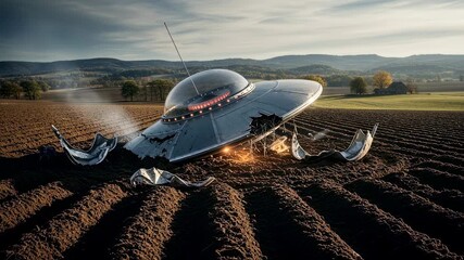 Crashed ufo in a barren field with smoke billowing from impact point, alien technology concept footage.