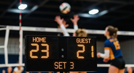 A volleyball player in mid-air reaches to spike the ball during a tense Set 3 match, with the scoreboard displaying Home 23 and Guest.