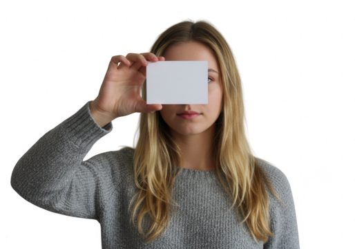 Young woman holding a blank white card covering her eye isolated on transparent background