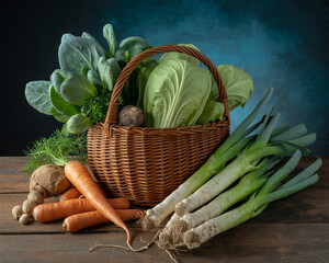Assortment of Fresh Vegetables in a Wicker Basket on Wood