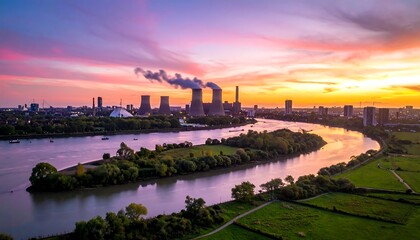Panoramic sunset over a river and city with power plant