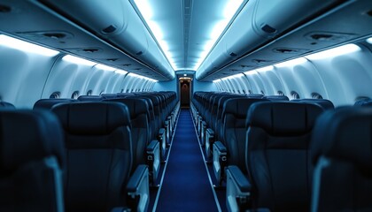 Fototapeta premium Airliner interior features rows of empty seats, blue carpeted aisle. Aircraft cabin, commercial jet with passenger seating, overhead compartments. Business class economy class travel, flight journey.