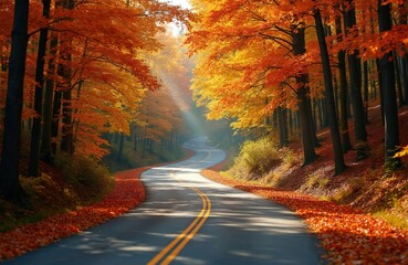 Winding asphalt road through forest ablaze with autumn colors. Sunlight streams through orange, yellow trees, illuminating fallen leaves carpeting sides of route. Tranquil scene evokes sense of