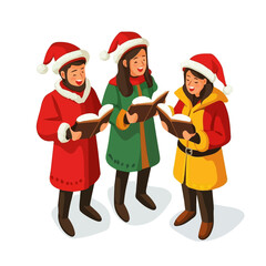 Christmas Carolers, vector graphic, 2D flat isometric cartoon illustration on white background.
