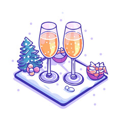 New Years Champagne, cartoon vector illustration, flat 2D isometric style, white background.