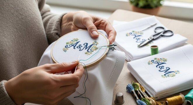Woman Embroidering Monogram Napkins with Hoop, Thread, and Needle - Powered by Adobe