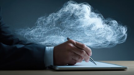 businessman hand working with a cloud computing diagram on the new computer interface as concept no logos no brands ar 169