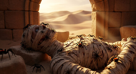 Mummy covered in spiders lying in desert tomb