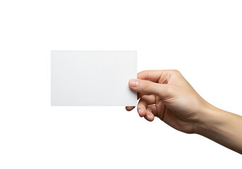 Obraz premium Human hand holding a blank white rectangular card isolated on a transparent background for design isolated on transparent background