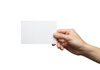 Human hand holding a blank white rectangular card isolated on a transparent background for design isolated on transparent background