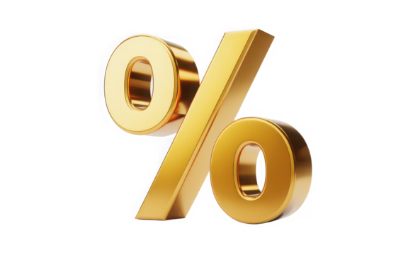 Golden percentage sign isolated on transparent background for discount offer