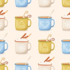 Hot chocolate, cocoa mugs seamless pattern. Cup of hot Christmas drink with marshmallows, cinnamon, candies. Happy holidays cute vector illustration.