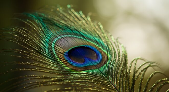 Close up of a vibrant peacock feather showcasing its intricate patterns and iridescent colors detail feather