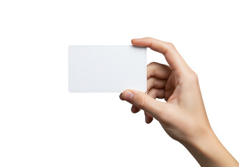 Fototapeta premium Human hand holding a blank white business card isolated on a transparent background for design isolated on transparent background