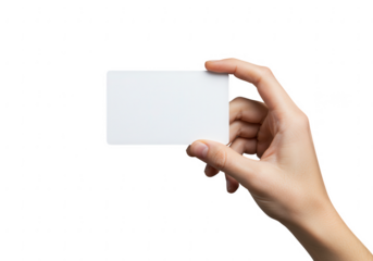 Human hand holding a blank white business card isolated on a transparent background for design isolated on transparent background
