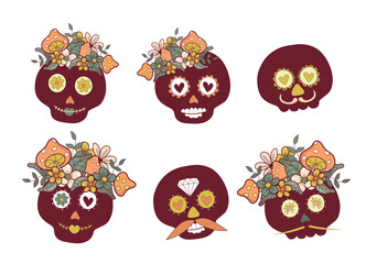 skull with flowers on its head isolated on a white background. Cute happy skull. Human. Flowers. Dance. Vector illustration.
