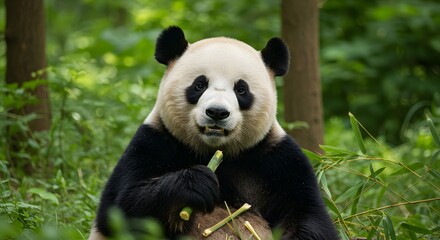 Fototapeta premium A panda bear is sitting and eating bamboo in a forest with green foliage in the background scene