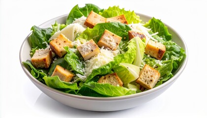 Close-up Caesar Salad in a Bowl with Croutons and Cheese
