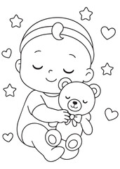 coloring book baby hugging teddy bear with valentine hearts around