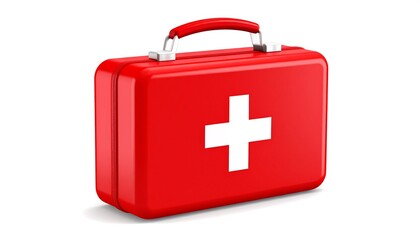 Obraz premium A red medical first-aid kit is shown against a plain white background.