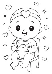 coloring book baby on chair holding valentine letter with hearts