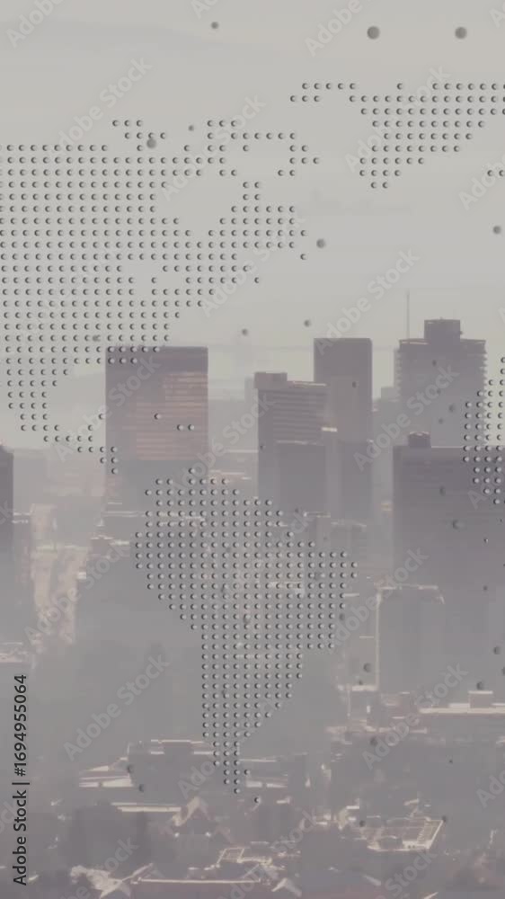Poster world map animation over cityscape with tall buildings and hazy skyline