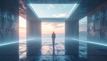 Empty futuristic hall at dawn