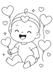 coloring book baby holding valentine balloon, kawaii cute style