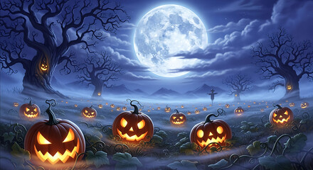 Halloween night scene with jack-o'-lanterns, full moon, and spooky trees