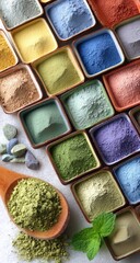Fototapeta premium Assorted colorful powders in small dishes.