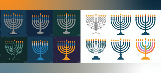 Colorful Hanukkah menorah set of vector illustrations with candles, flames, and decorative variations representing Jewish tradition and holiday celebration