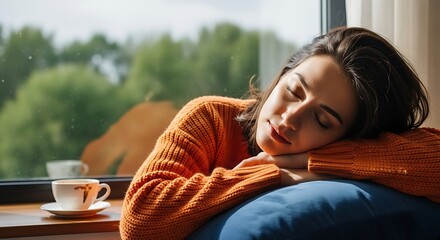 Woman sleeping window sunlight autumn.