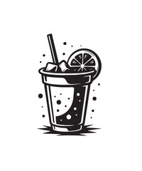 Black and White Illustration of a Refreshing Drink with Ice, Straw, and Lemon Slice beverage refreshment