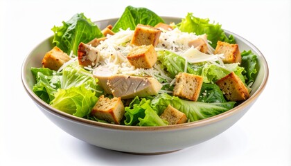 Fresh Chicken Caesar Salad with Crispy Croutons and Parmesan Cheese in a Bowl on White Background