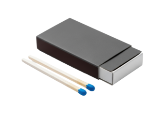 Sleek charcoal grey matchbox, two bright white matches with vibrant electric blue tips, on a transparent seamless background with professional studio lighting, macro detail, modern utility and