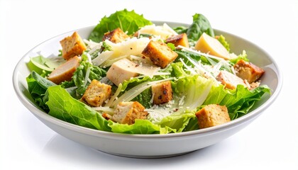 Fresh Caesar Salad with Chicken, Croutons, and Parmesan in White Bowl