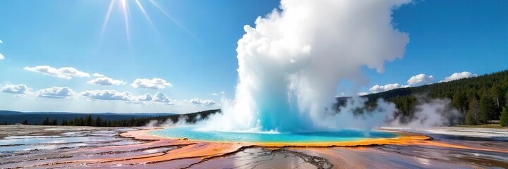 Spectacular geyser erupting, sending scalding water high into the air against a vibrant blue sky A dramatic display of geothermal power in a stunning natural landscape , pristine, powerful, blue