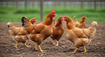 Freerange hens farm pasture.