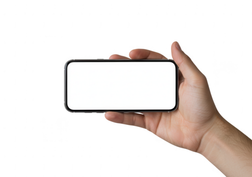 Human hand holding a modern smartphone with a blank white screen in landscape orientation isolated on transparent background
