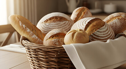 Artisan Breads In A Rustic Basket Displayed On A Wooden Table For Gastronomy